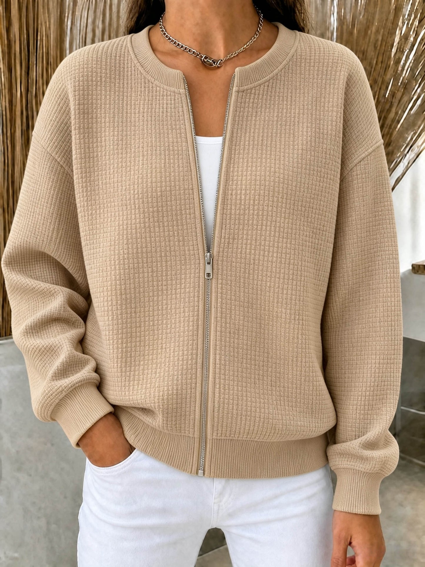 🔥CLEARANCE SALE🔥Women’s Waffle Knit Zip-Up Crewneck Jacket