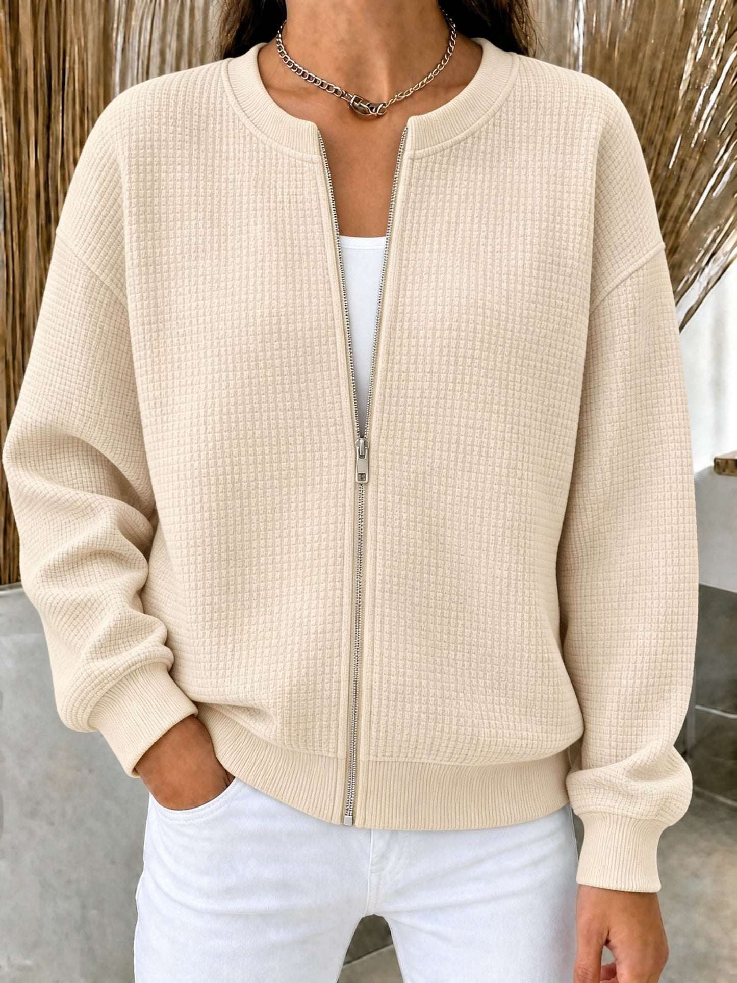 🔥CLEARANCE SALE🔥Women’s Waffle Knit Zip-Up Crewneck Jacket