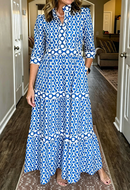 NEW🔥Women's V-neck 3/4 Sleeve Casual Button-up Loose Chain Print Maxi Dress