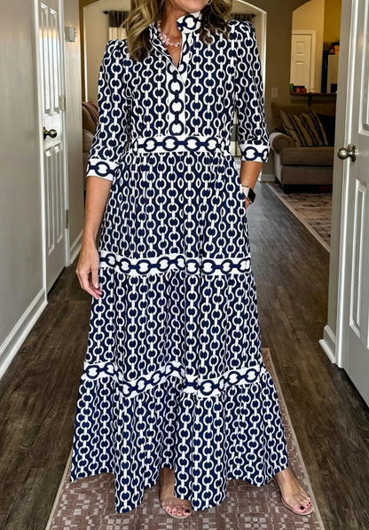 NEW🔥Women's V-neck 3/4 Sleeve Casual Button-up Loose Chain Print Maxi Dress