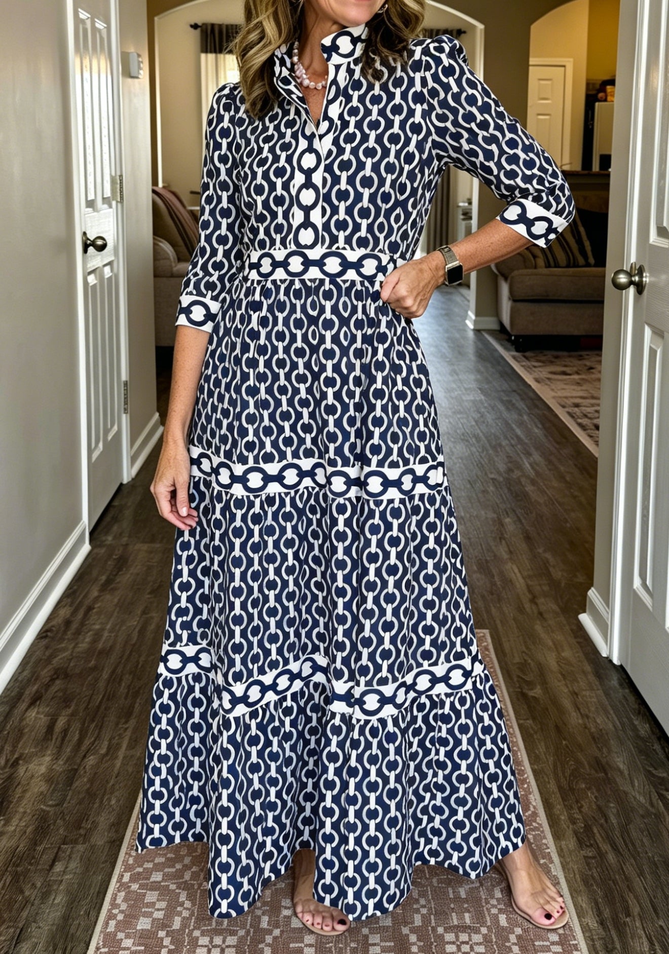 NEW🔥Women's V-neck 3/4 Sleeve Casual Button-up Loose Chain Print Maxi Dress