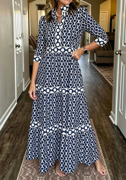 NEW🔥Women's V-neck 3/4 Sleeve Casual Button-up Loose Chain Print Maxi Dress