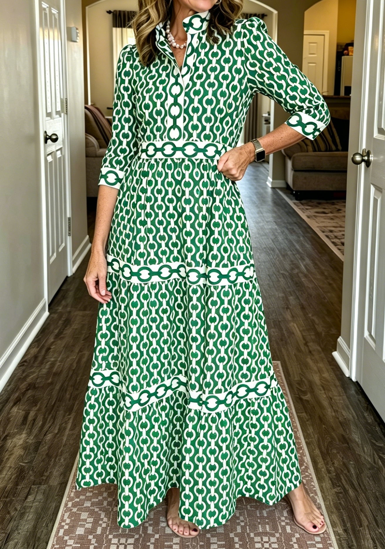 NEW🔥Women's V-neck 3/4 Sleeve Casual Button-up Loose Chain Print Maxi Dress