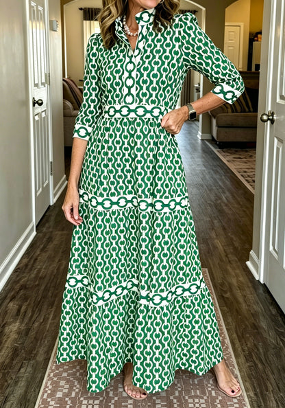 NEW🔥Women's V-neck 3/4 Sleeve Casual Button-up Loose Chain Print Maxi Dress