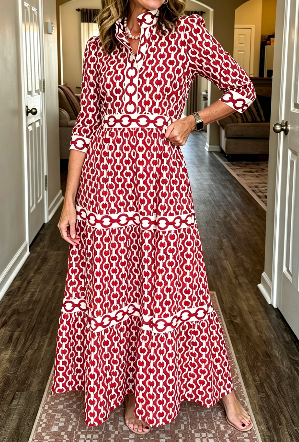 NEW🔥Women's V-neck 3/4 Sleeve Casual Button-up Loose Chain Print Maxi Dress