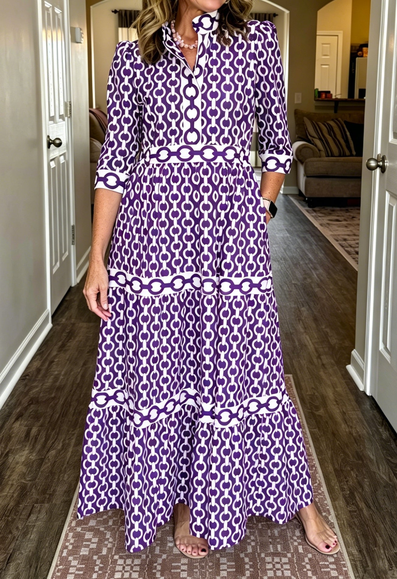 NEW🔥Women's V-neck 3/4 Sleeve Casual Button-up Loose Chain Print Maxi Dress