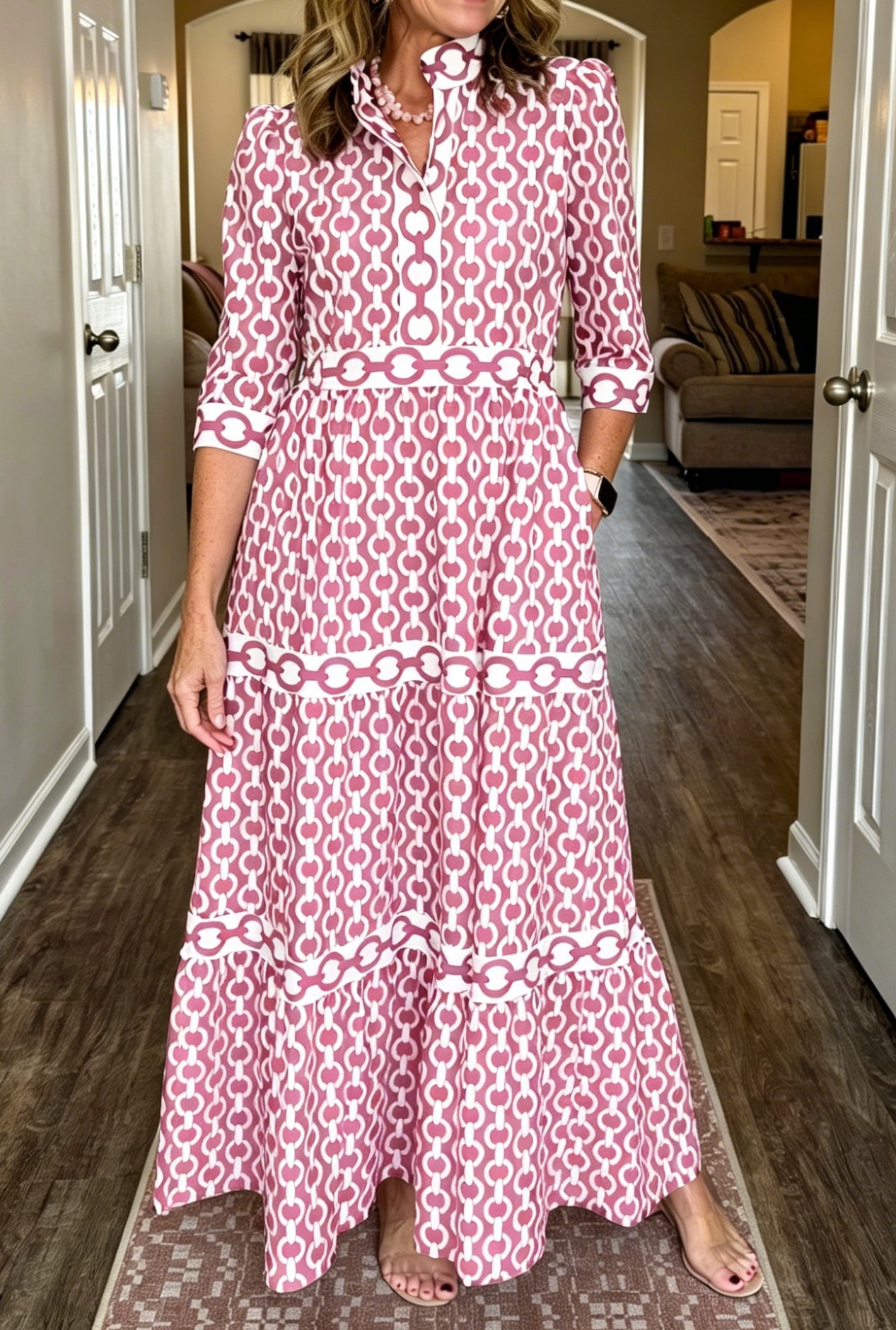 NEW🔥Women's V-neck 3/4 Sleeve Casual Button-up Loose Chain Print Maxi Dress