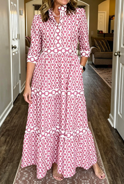 NEW🔥Women's V-neck 3/4 Sleeve Casual Button-up Loose Chain Print Maxi Dress