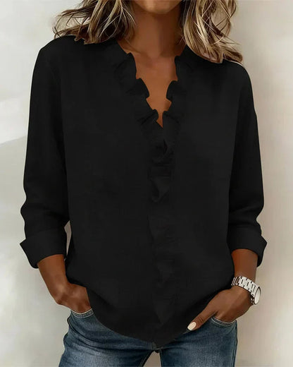 🔥CLEARANCE SALE🔥 Women's V-neck Casual Ruffle Trim Loose Cotton Blouse