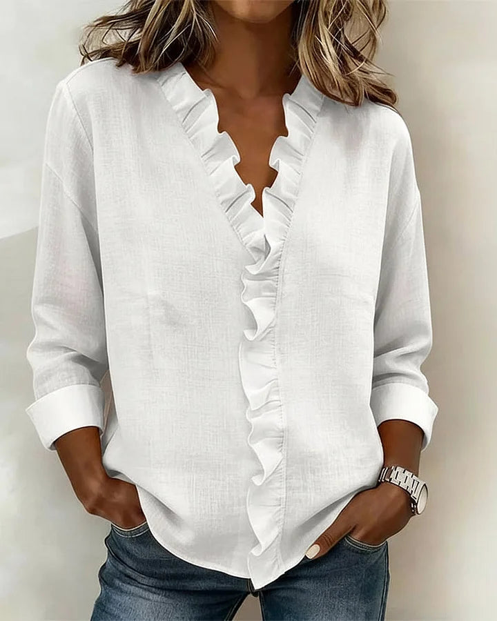 🔥CLEARANCE SALE🔥 Women's V-neck Casual Ruffle Trim Loose Cotton Blouse