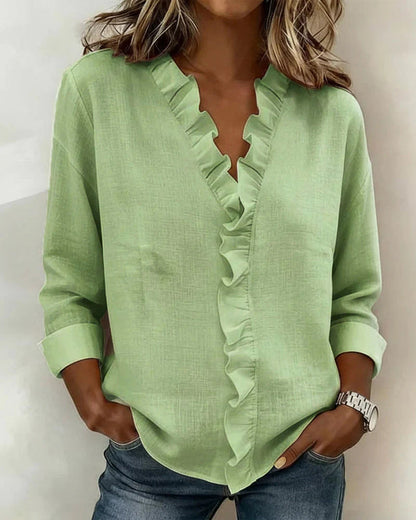 🔥CLEARANCE SALE🔥 Women's V-neck Casual Ruffle Trim Loose Cotton Blouse