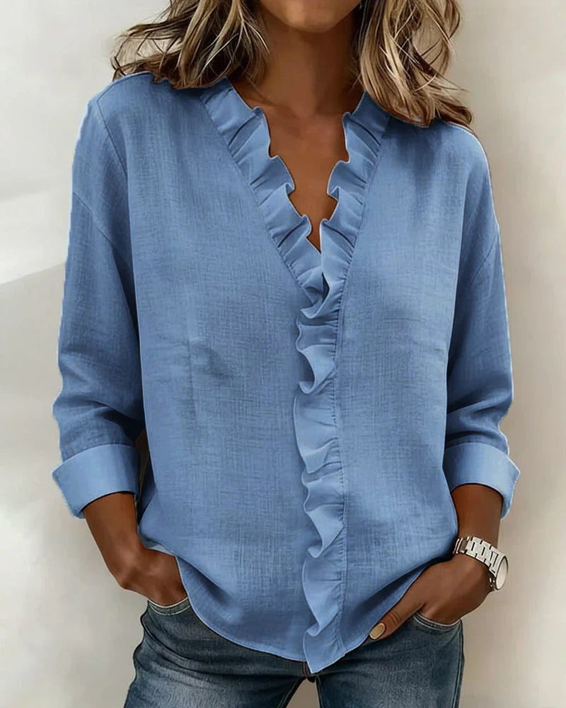🔥CLEARANCE SALE🔥 Women's V-neck Casual Ruffle Trim Loose Cotton Blouse