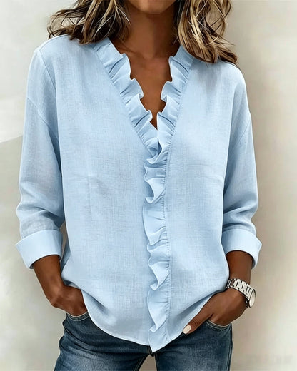🔥CLEARANCE SALE🔥 Women's V-neck Casual Ruffle Trim Loose Cotton Blouse
