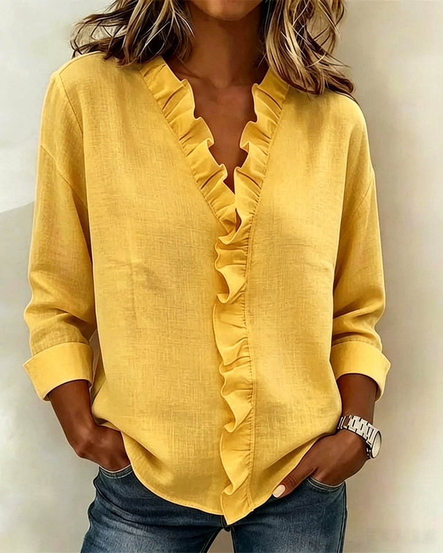🔥CLEARANCE SALE🔥 Women's V-neck Casual Ruffle Trim Loose Cotton Blouse