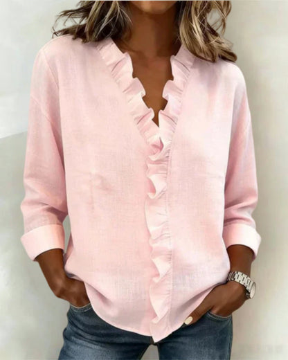 🔥CLEARANCE SALE🔥 Women's V-neck Casual Ruffle Trim Loose Cotton Blouse