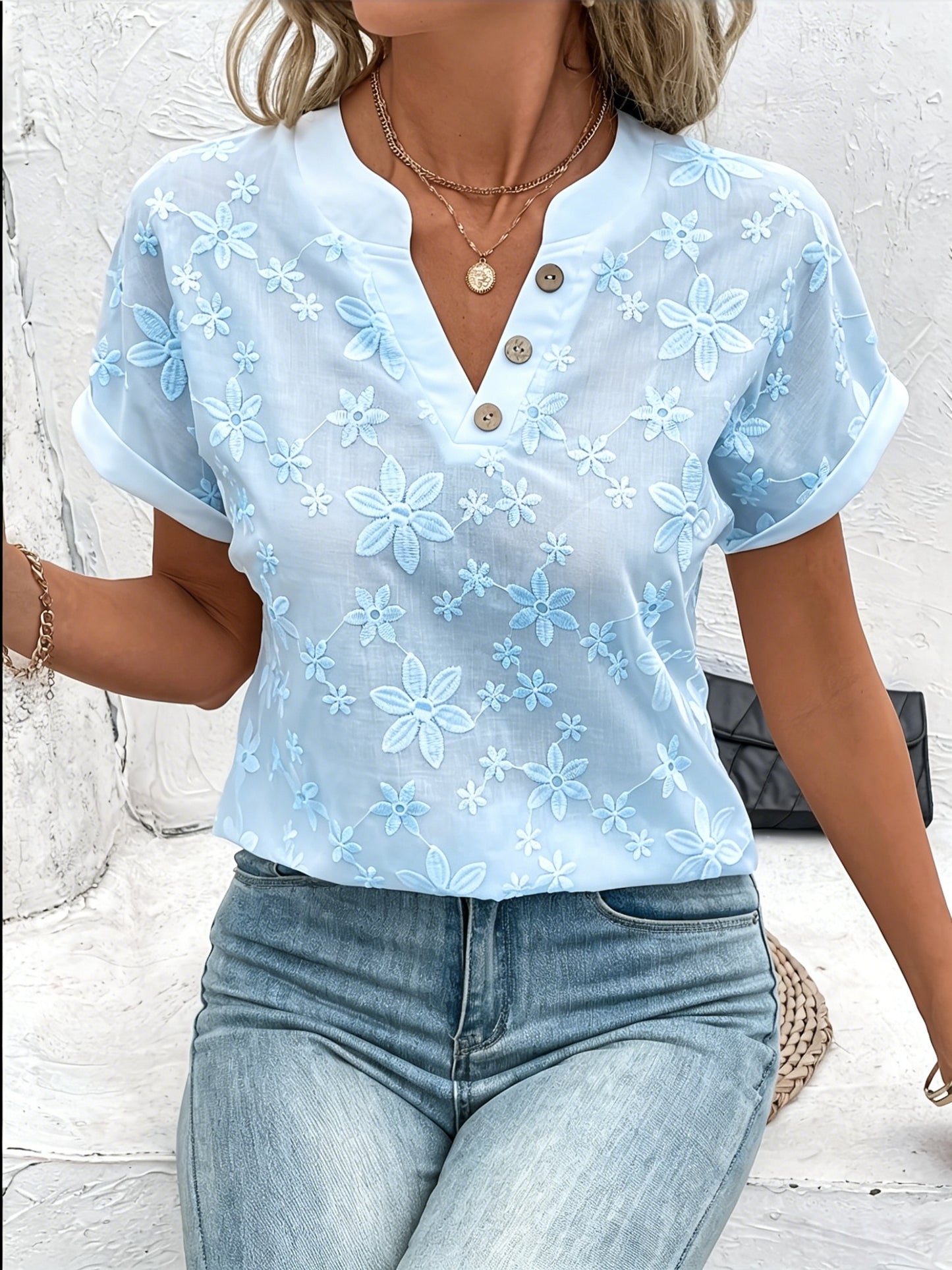 🔥CLEARANCE SALE🔥 Women's V-neck Short-sleeved Button-up Loose Floral Pattern Top