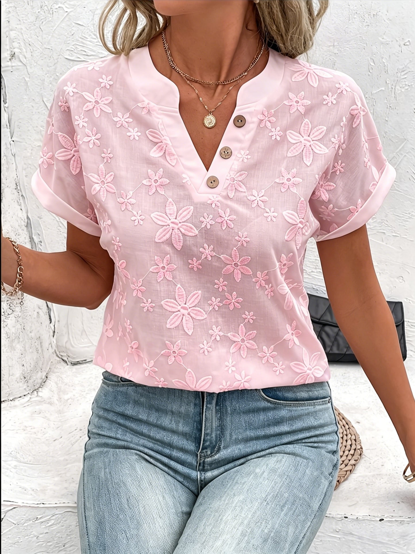 🔥CLEARANCE SALE🔥 Women's V-neck Short-sleeved Button-up Loose Floral Pattern Top