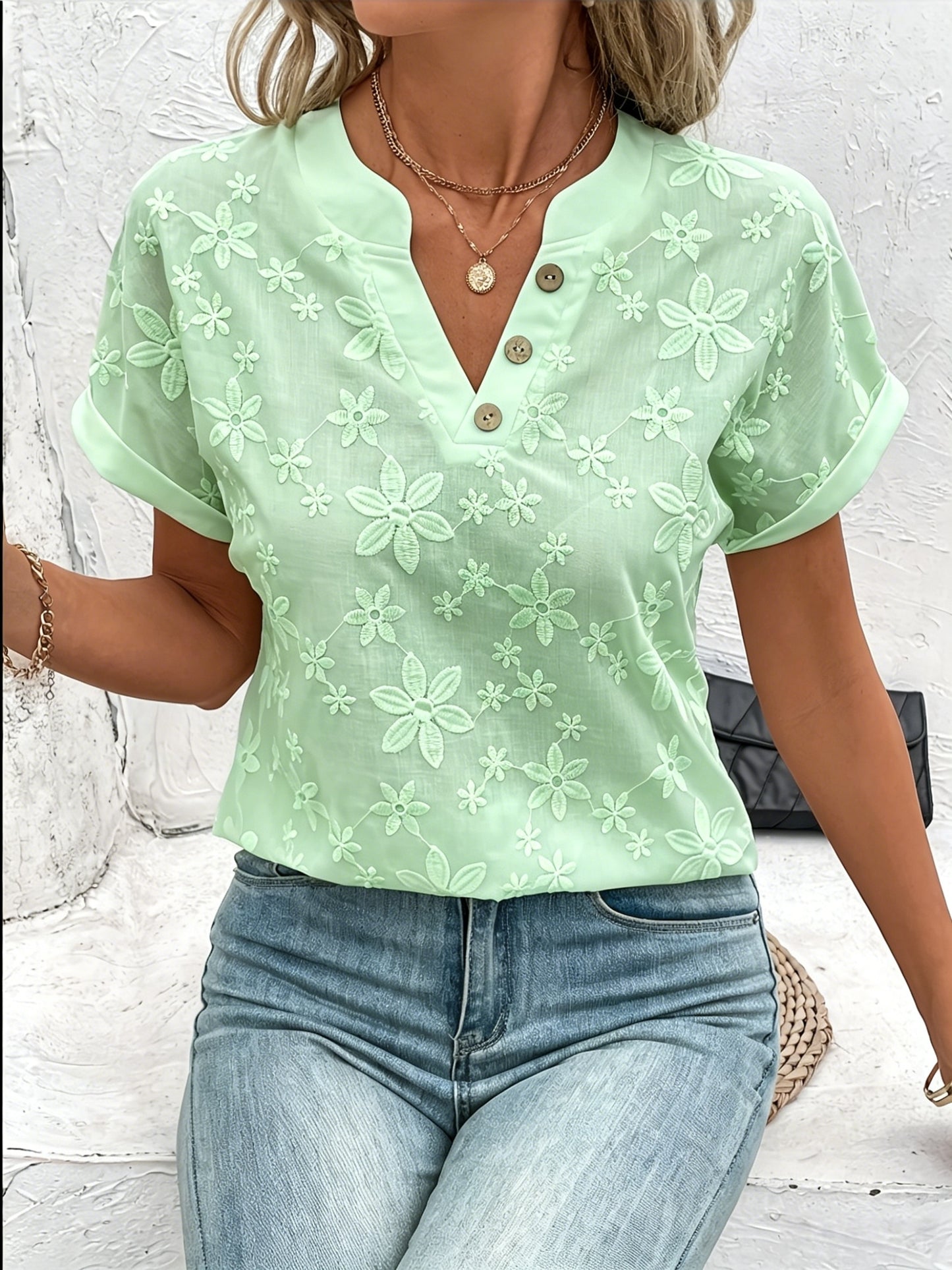 🔥CLEARANCE SALE🔥 Women's V-neck Short-sleeved Button-up Loose Floral Pattern Top