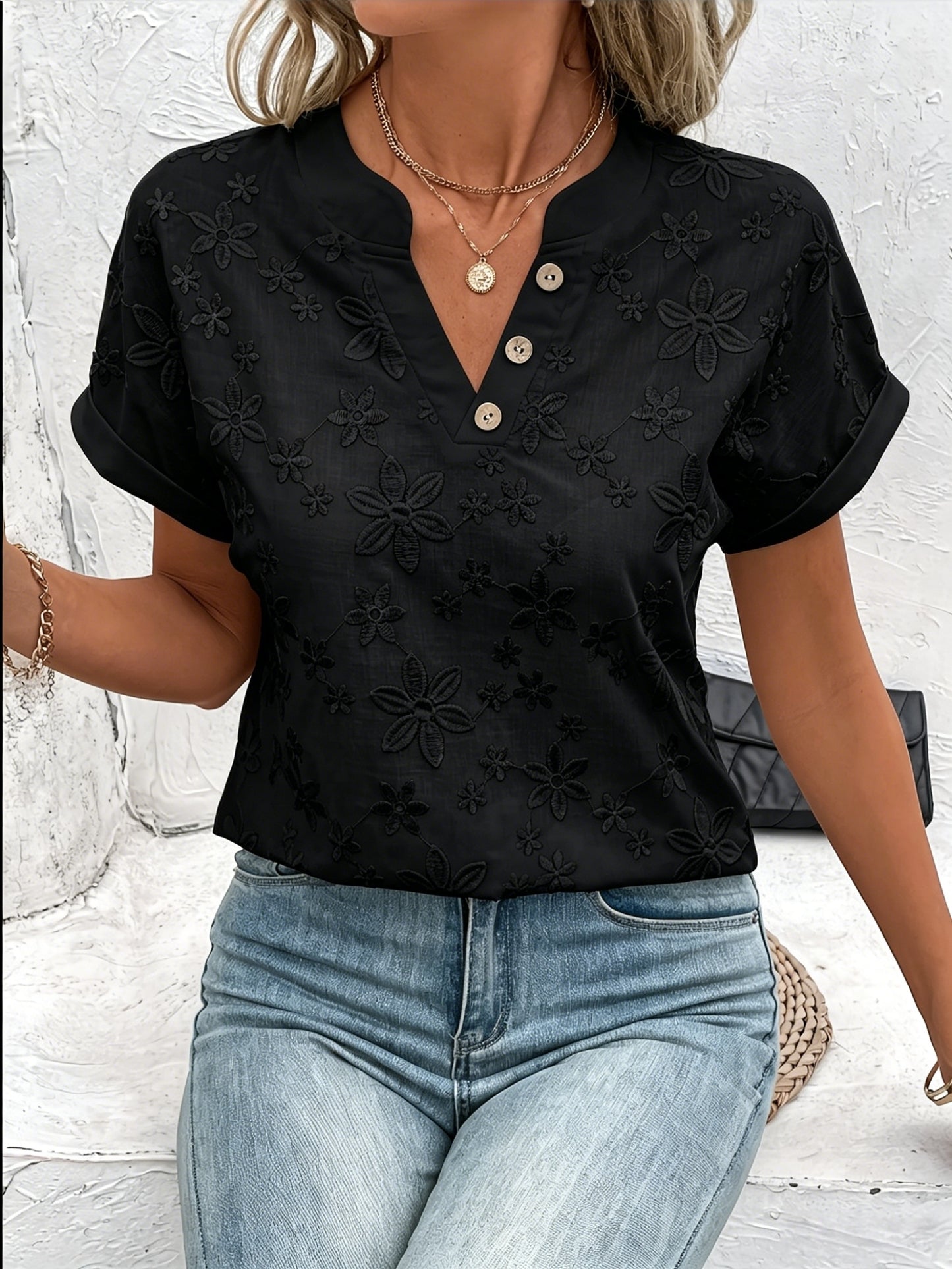 🔥CLEARANCE SALE🔥 Women's V-neck Short-sleeved Button-up Loose Floral Pattern Top