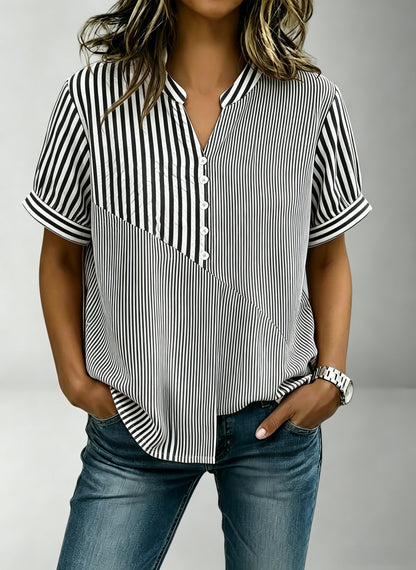 NEW🔥Women's V-neck Short-sleeved Casual Button-up Loose Patchwork Striped Top