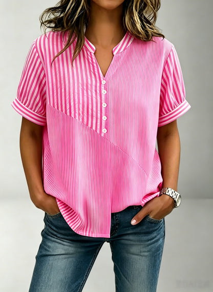 NEW🔥Women's V-neck Short-sleeved Casual Button-up Loose Patchwork Striped Top