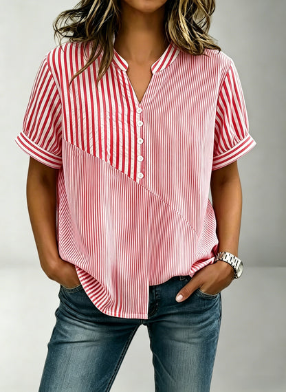 NEW🔥Women's V-neck Short-sleeved Casual Button-up Loose Patchwork Striped Top