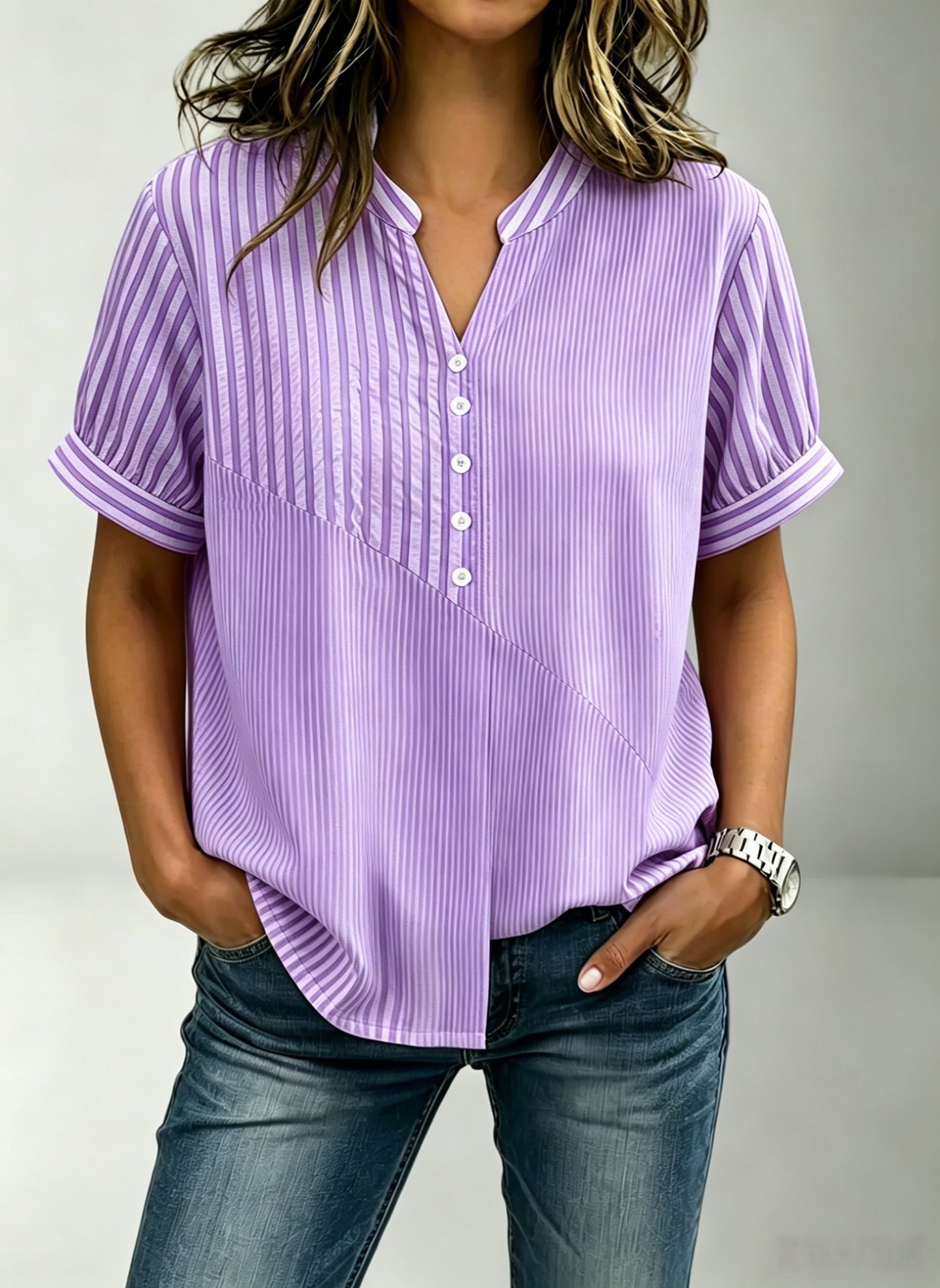 NEW🔥Women's V-neck Short-sleeved Casual Button-up Loose Patchwork Striped Top
