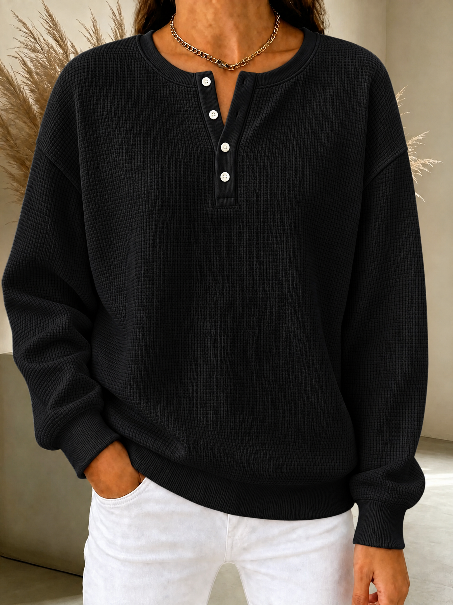 CLEARANCE SALE🔥Women's Waffle Knit Henley Sweatshirt
