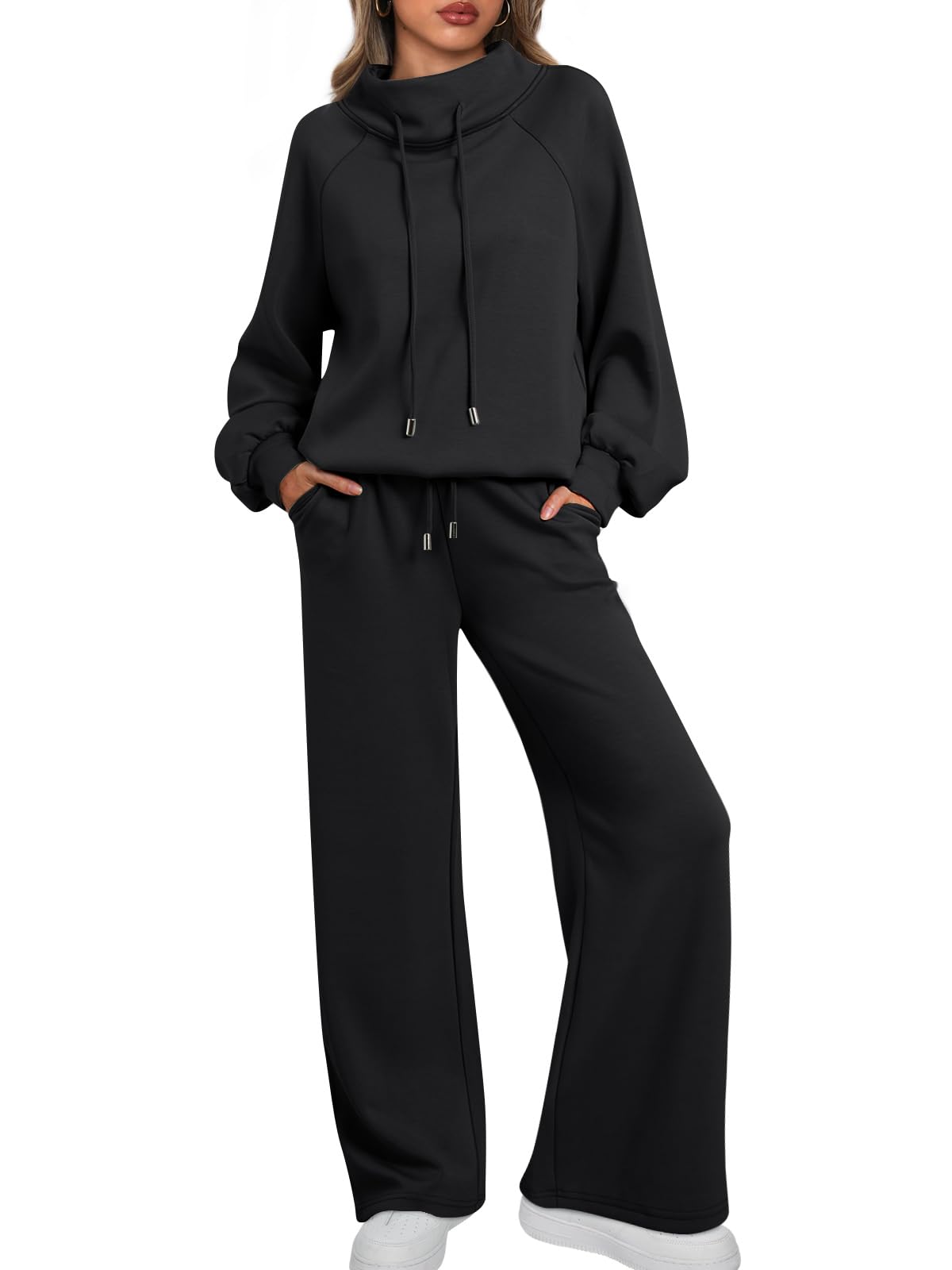 🎄Christmas Sale🔥 Women's Oversized Two-Piece Round Neck Drawstring Sweatshirt Wide Leg Sweatpants Casual Suit