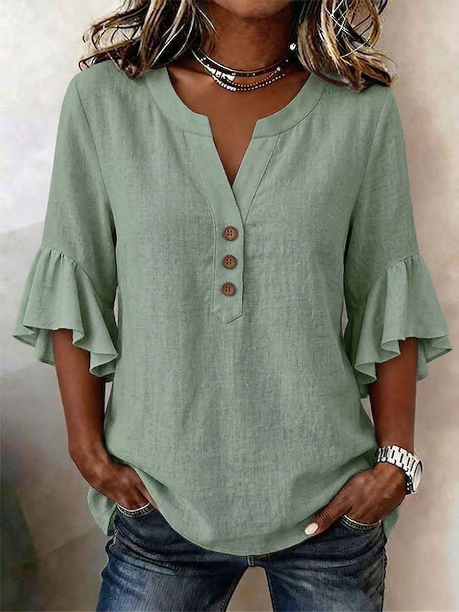 🔥CLEARANCE SALE🔥Women's Solid-color V-neck 3/4-sleeve Casual Loose Cotton-linen Top