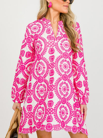 NEW🔥 Printed Lace Trim V Neck Shirt Dress