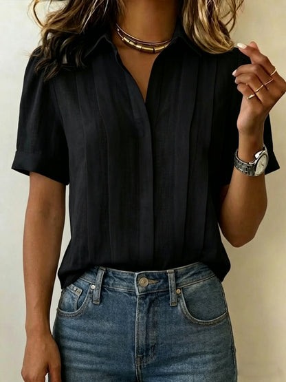 Clearance Sale🔥 Women's Lapel Short-sleeved Casual Loose Pleated Cotton And Linen Shirt