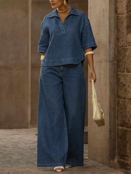 💝💝Women's Casual 100% Cotton Denim Top And Wide-leg Pants Two-piece Set