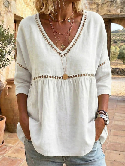 🌿Women's Cozy Hollow-out Patchwork V-neck Linen-cotton Blouse