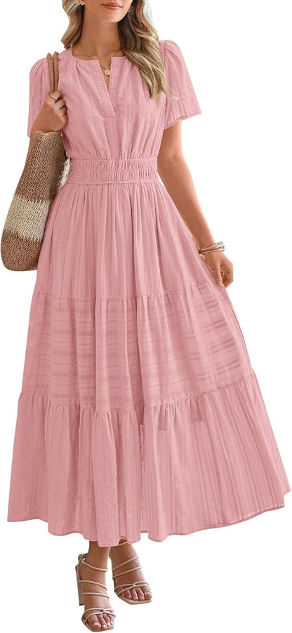 HOT SALE Womens Summer Lightweight Short Sleeve V Casual Midi Maxi Dresses