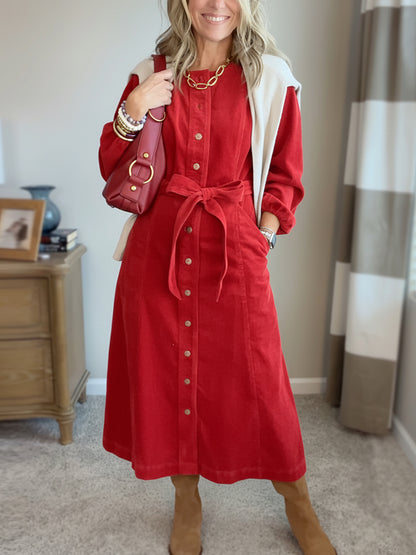 New Arrival🔥 Corduroy Shirt Dress with Tie Belt