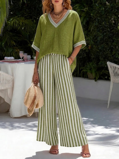 New Arrivals🔥Loose-fit V Neck Striped Cotton Linen Two-piece Set