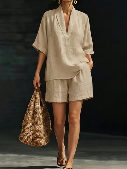 💝💝Women's Minimalist Cozy V-neck Shirt And Shorts Linen Cotton Two-piece Set