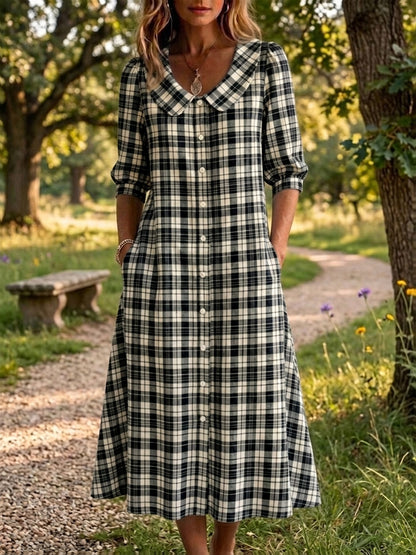 New Arrivals🔥 Women's Retro Peter Pan Collar Stripe Print Cotton Linen Dress