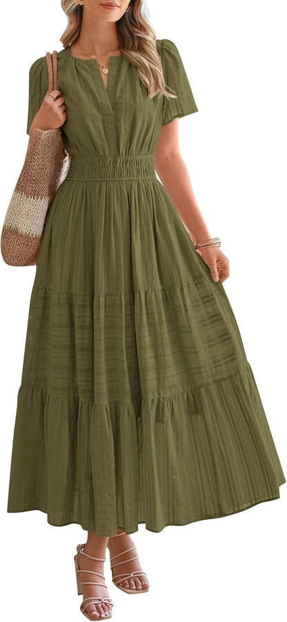 HOT SALE Womens Summer Lightweight Short Sleeve V Casual Midi Maxi Dresses