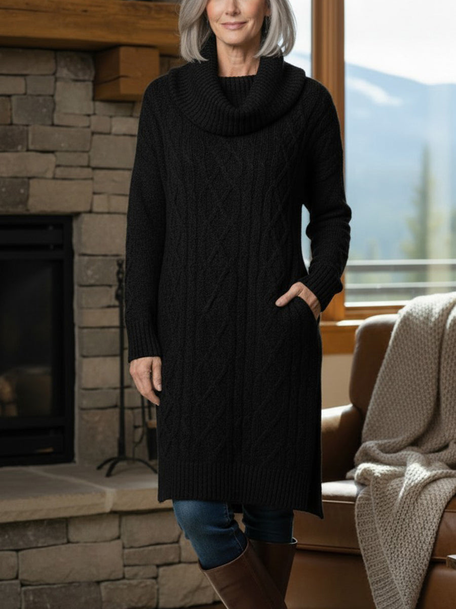 New Arrivals🔥 Legant Cowl Neck Long Sweater Dress - Flattering Cable Knit Winter Tunic With Side Slits & Pockets
