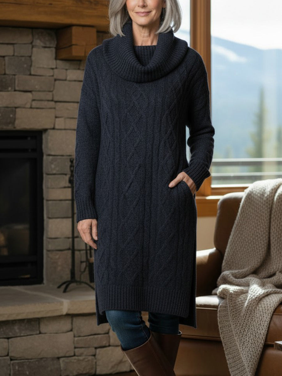 New Arrivals🔥 Legant Cowl Neck Long Sweater Dress - Flattering Cable Knit Winter Tunic With Side Slits & Pockets