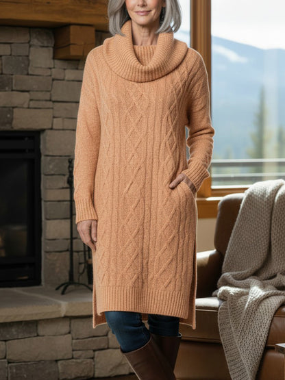 New Arrivals🔥 Legant Cowl Neck Long Sweater Dress - Flattering Cable Knit Winter Tunic With Side Slits & Pockets