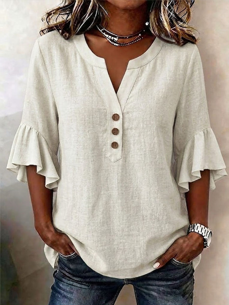 🔥CLEARANCE SALE🔥Women's Solid-color V-neck 3/4-sleeve Casual Loose Cotton-linen Top