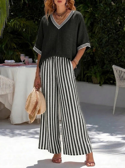 New Arrivals🔥Loose-fit V Neck Striped Cotton Linen Two-piece Set