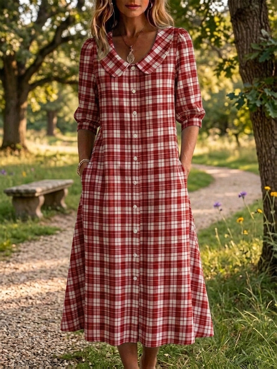New Arrivals🔥 Women's Retro Peter Pan Collar Stripe Print Cotton Linen Dress