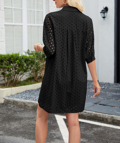Womens Summer Shirt Dress Eyelet Hollow Out Short Dress with 3/4 Sleeves Button Down Casual Dress Summer Beach Dress