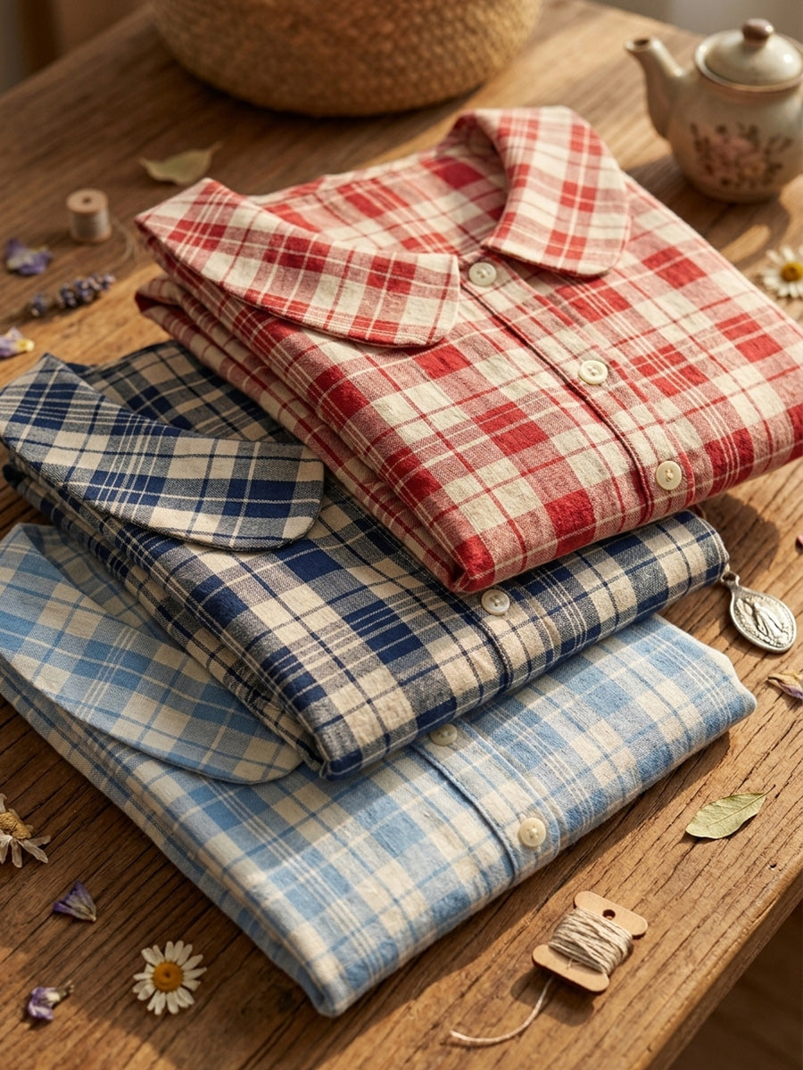 🔥CLEARANCE SALE🔥 Women's Classic Vintage Checkered Cotton Linen Blouse