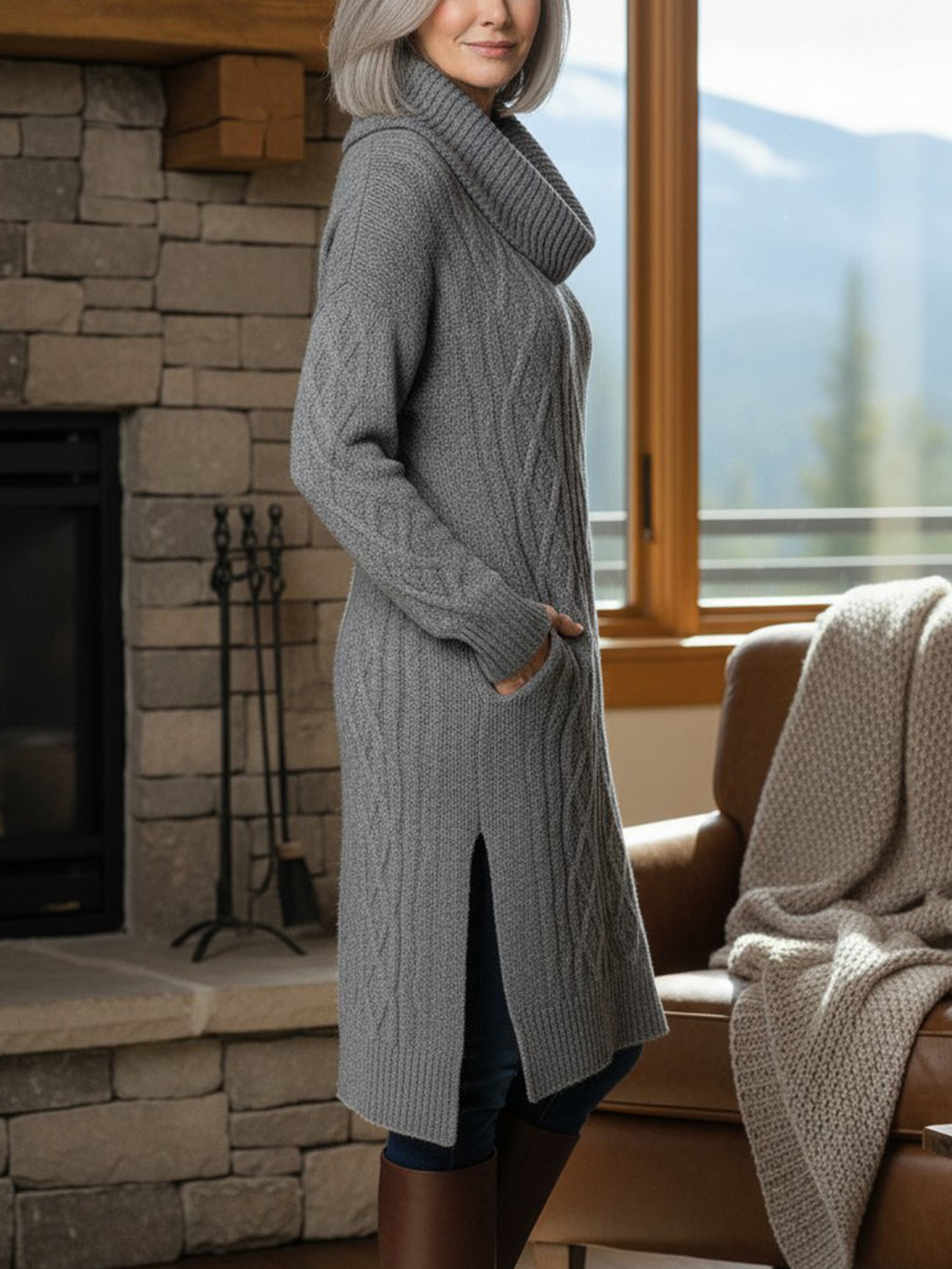 New Arrivals🔥 Legant Cowl Neck Long Sweater Dress - Flattering Cable Knit Winter Tunic With Side Slits & Pockets