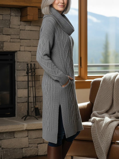 New Arrivals🔥 Legant Cowl Neck Long Sweater Dress - Flattering Cable Knit Winter Tunic With Side Slits & Pockets